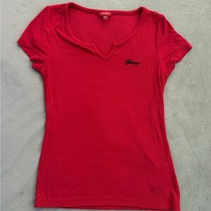 Guess Women's Bright Red Ribbed Short Sleeve Top with Logo